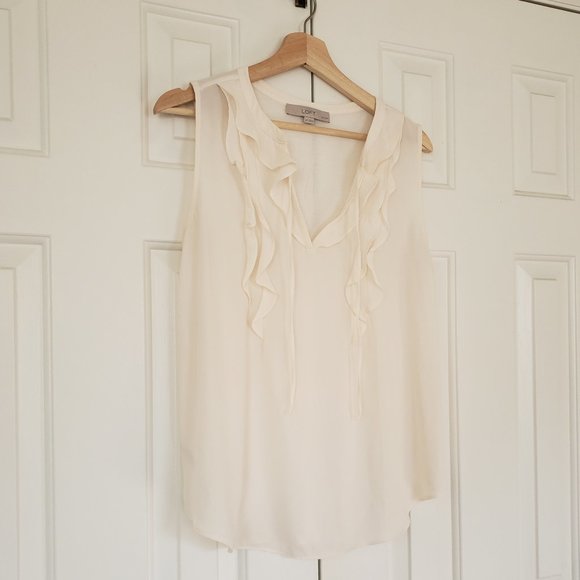 Loft Flowy Cream-White Blouse - Sleeveless Ruffle Front - Size MP - Picture 3 of 11